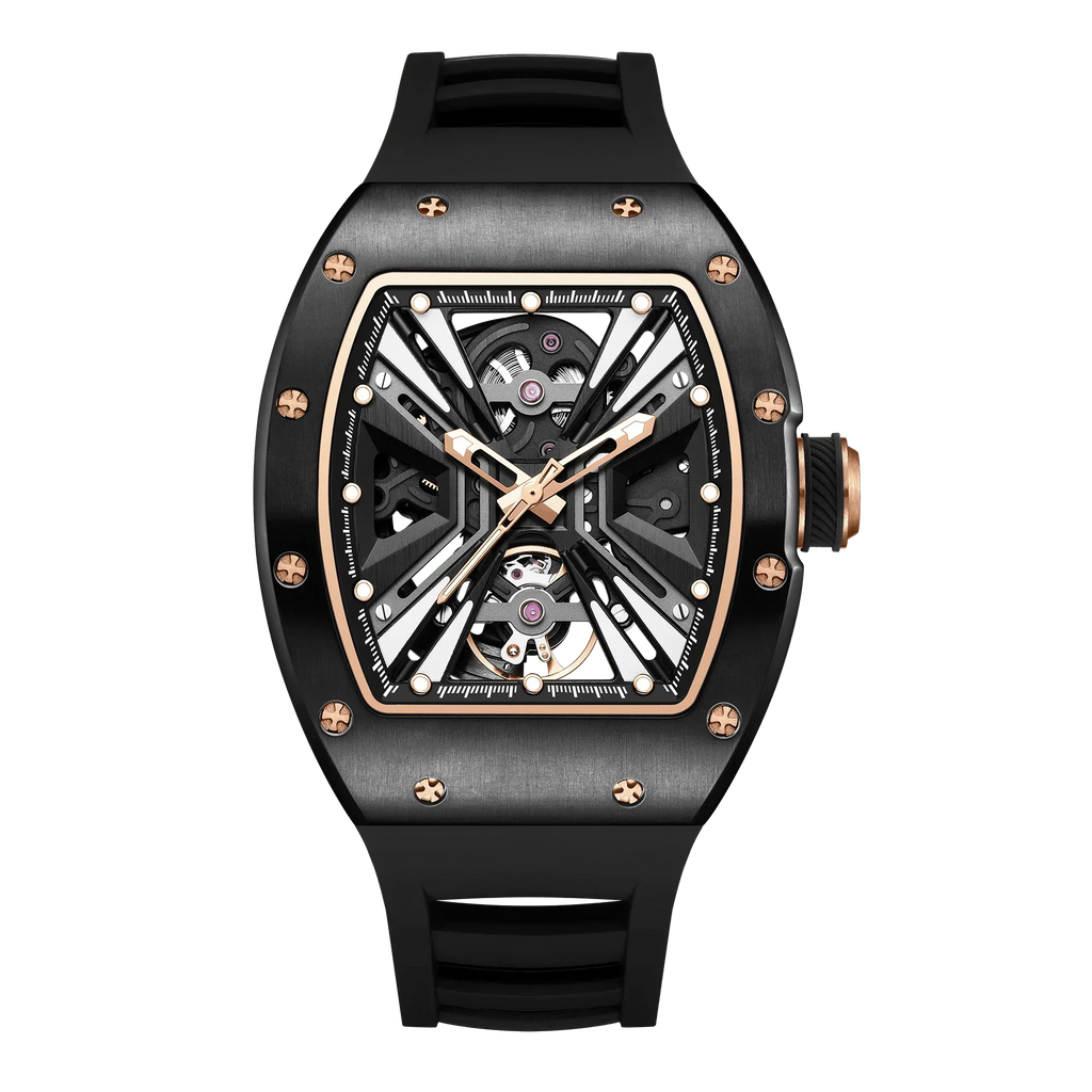 Luxury motorsport-inspired skeleton watch with black tonneau case, gold accents, and rubber strap
