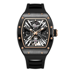Luxury motorsport-inspired skeleton watch with black tonneau case, gold accents, and rubber strap
