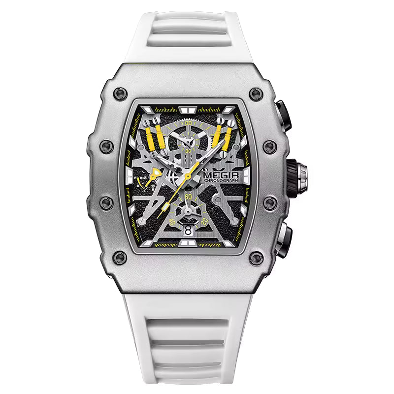 Luxury sport-luxury chronograph watch with white strap, bold skeleton dial, and yellow accents