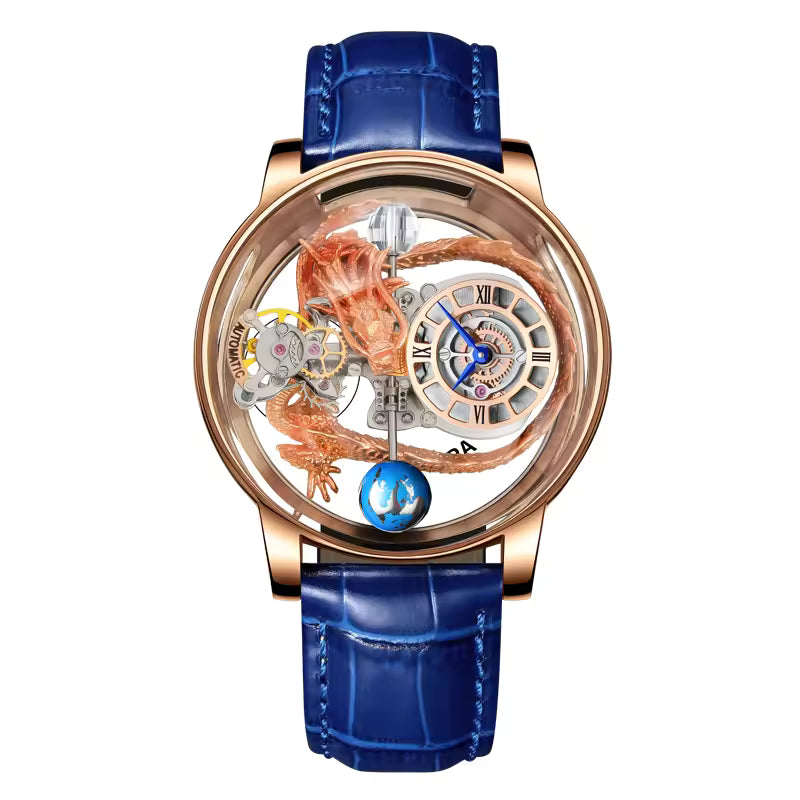 Luxury skeleton watch with rose gold dragon, Roman numerals, blue strap, and globe detail