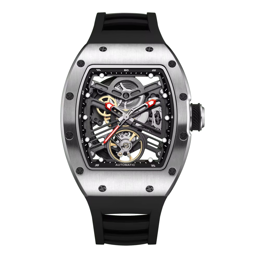 Skeleton dial racing-inspired luxury watch with tonneau case, rubber strap, exposed gears
