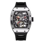 Skeleton dial racing-inspired luxury watch with tonneau case, rubber strap, exposed gears