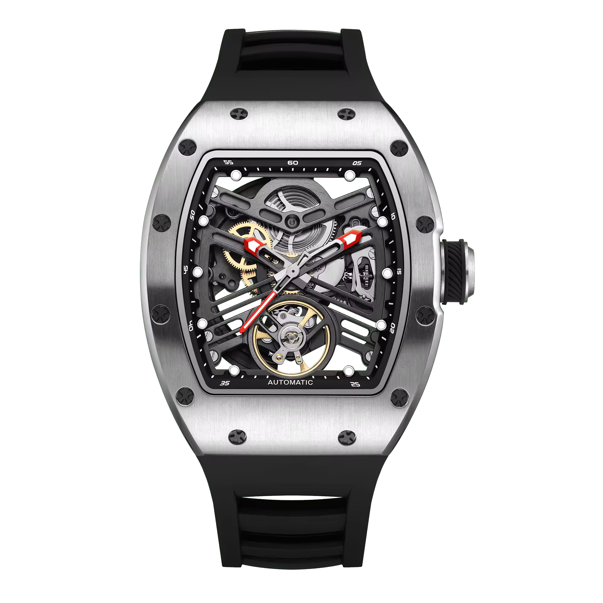 Skeleton dial racing-inspired luxury watch with tonneau case, rubber strap, exposed gears