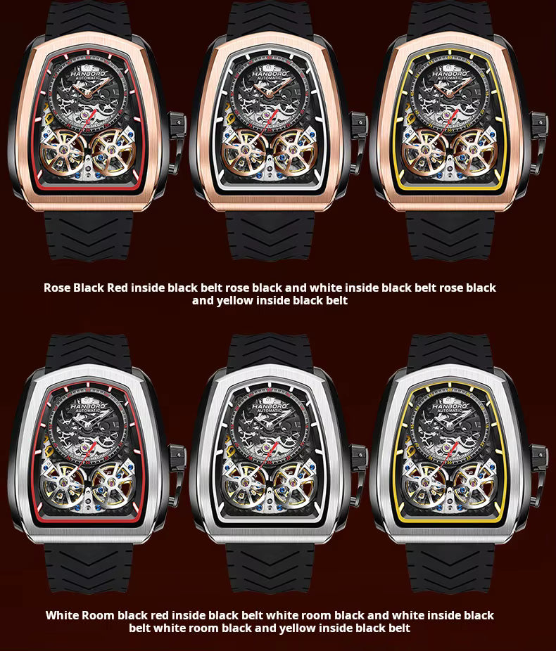 Luxury sport-inspired watches with visible tourbillon movements, racing chronograph dials, and bold color accents in rose gold and silver cases on black rubber straps.