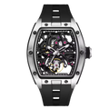 Luxury racing-inspired tonneau watch with skeleton dial, stainless case, black rubber strap