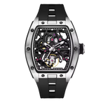 Luxury racing-inspired tonneau watch with skeleton dial, stainless case, black rubber strap