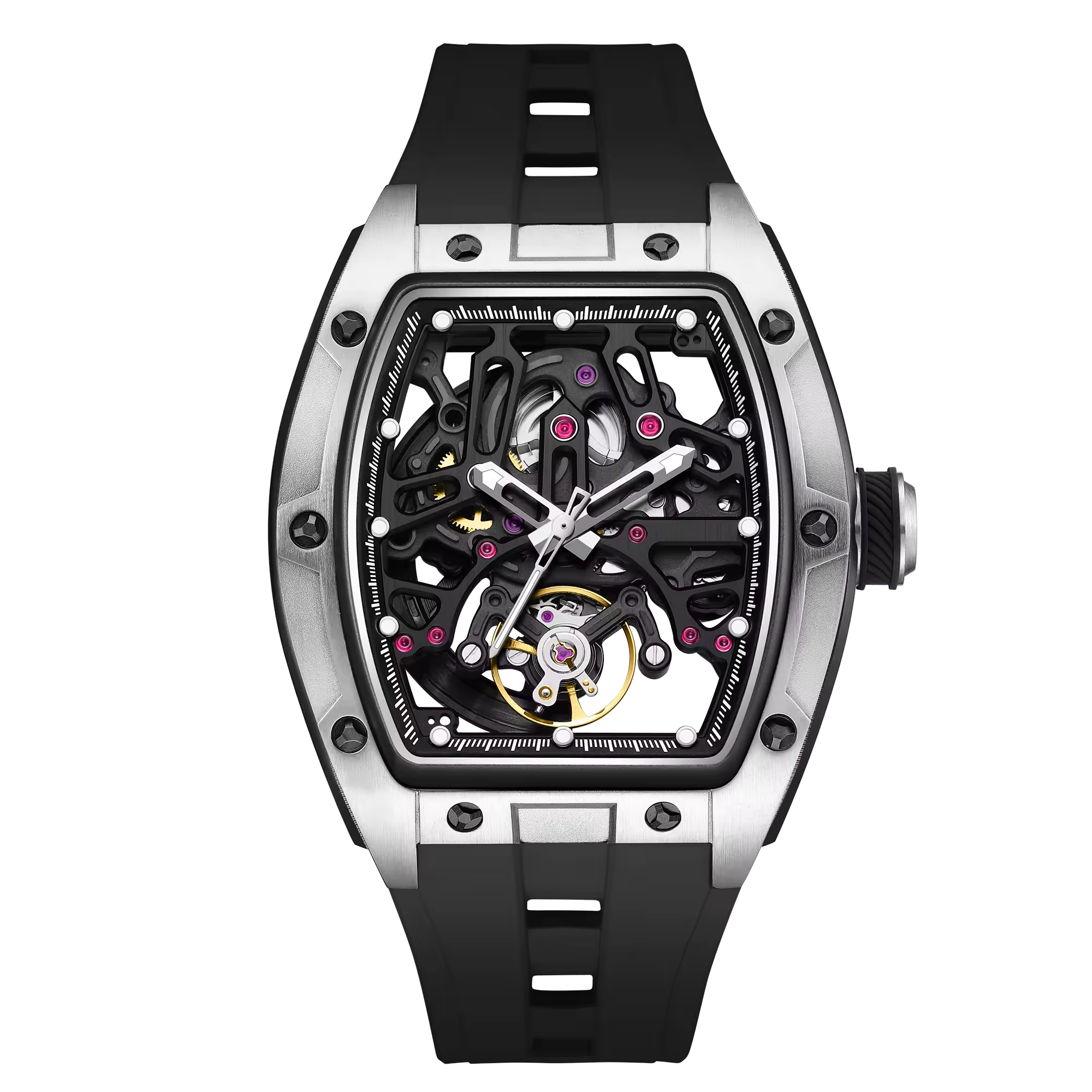 Luxury racing-inspired tonneau watch with skeleton dial, stainless case, black rubber strap