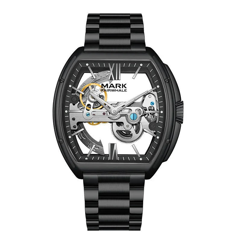 Black skeleton dial sport-luxury watch with visible mechanical movement and bold case design