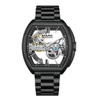 Black skeleton dial sport-luxury watch with visible mechanical movement and bold case design