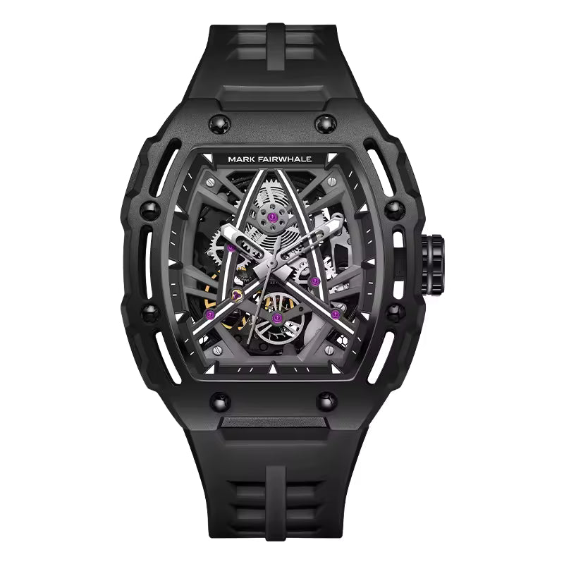 Motorsport-inspired luxury watch with black tonneau case, skeleton dial, and sporty rubber strap