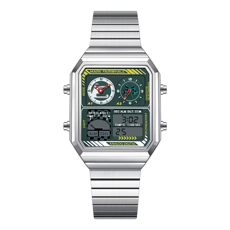 Motorsport-inspired rectangular analog-digital wristwatch with silver metal band and multi-function dial.