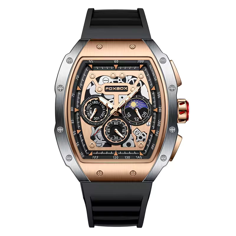 Luxury motorsport-inspired watch with rose gold case, skeleton dial, chronograph, and black strap