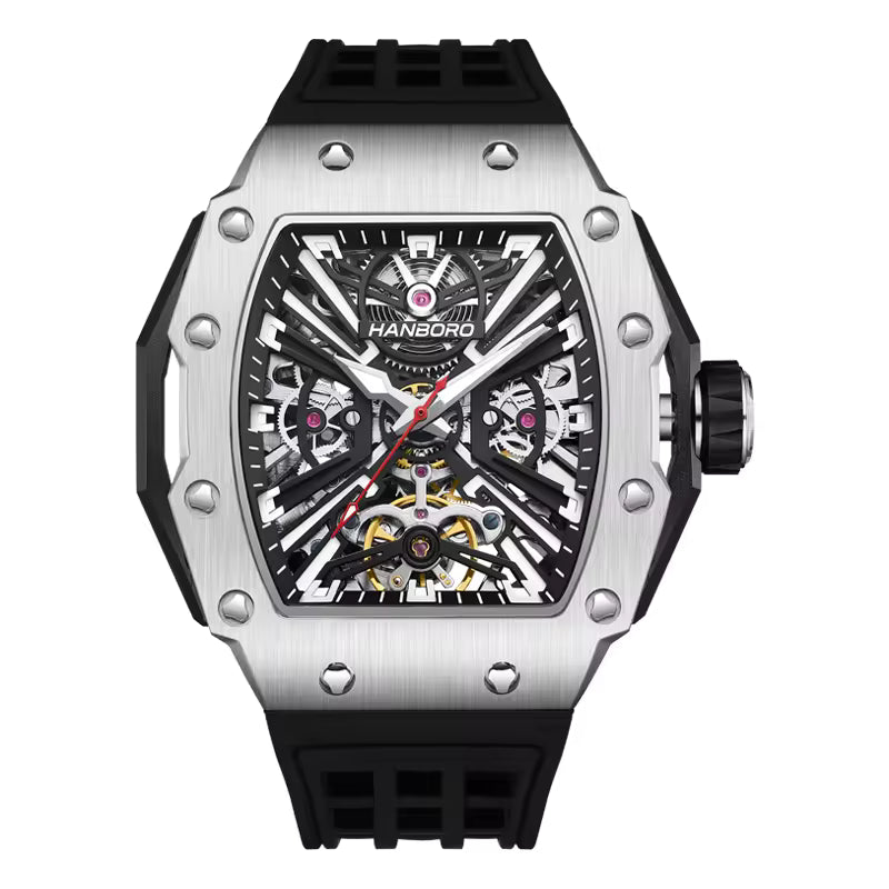 Luxury skeleton sport watch with tonneau case, black rubber strap, and exposed mechanical movement