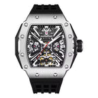 Luxury skeleton sport watch with tonneau case, black rubber strap, and exposed mechanical movement