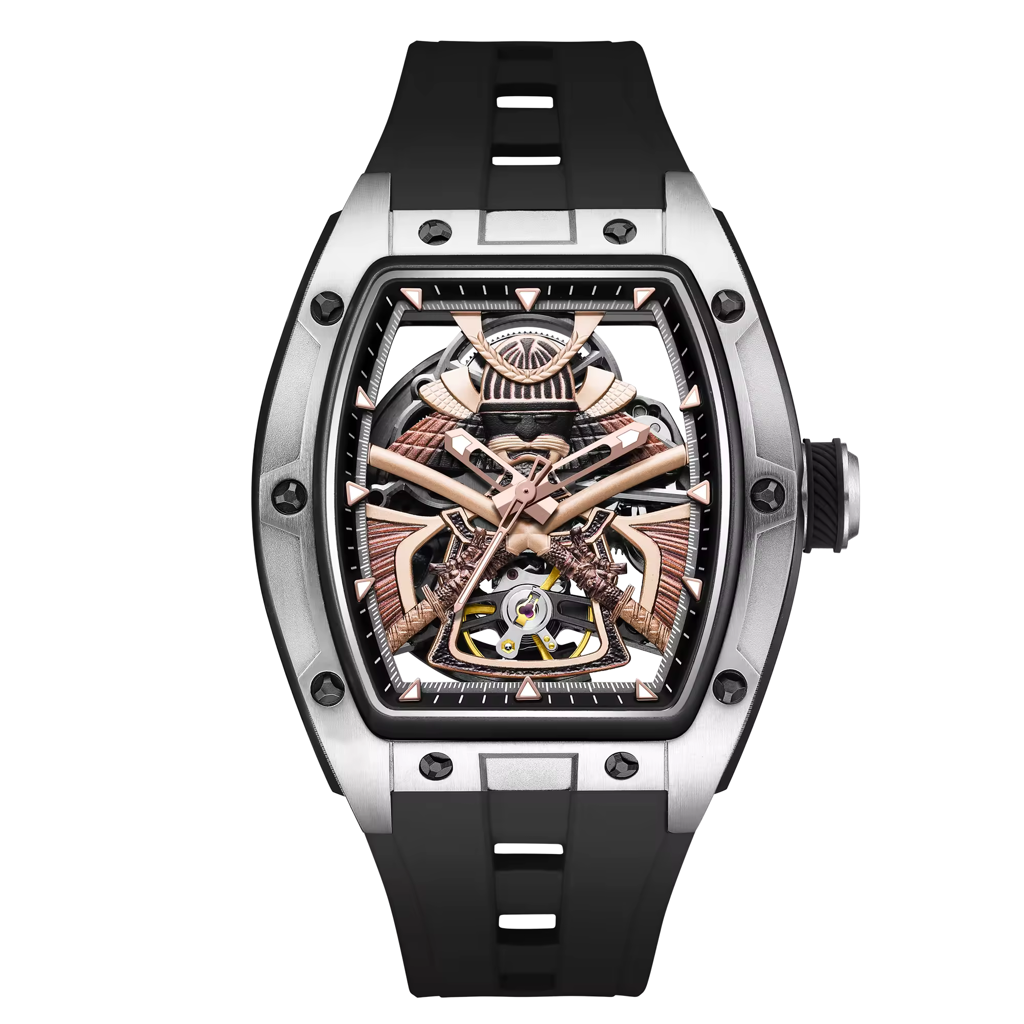Motorsport-inspired skeleton luxury watch with tonneau case, black strap, and exposed movement