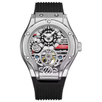 Luxury motorsport-inspired skeleton automatic watch with bold dial, exposed gears, and black strap