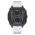 Racing-inspired black digital watch with hexagonal dial and white perforated strap