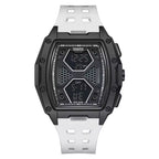 Racing-inspired black digital watch with hexagonal dial and white perforated strap