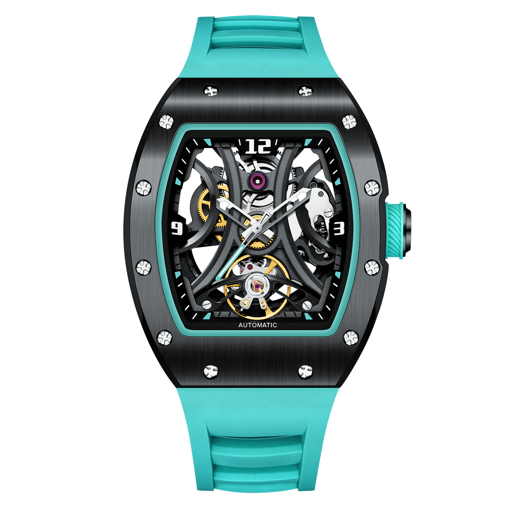 Motorsport-inspired skeleton automatic watch with aqua strap, tonneau case, and visible gears.