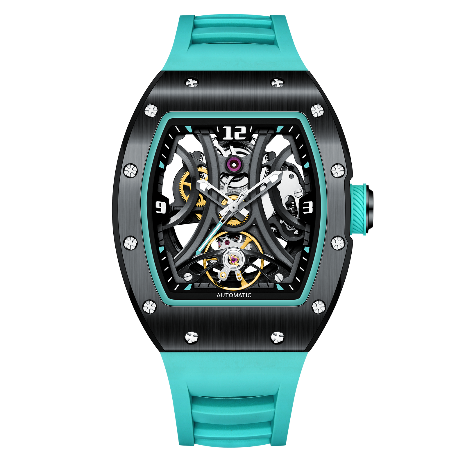 Motorsport-inspired skeleton automatic watch with aqua strap, tonneau case, and visible gears.