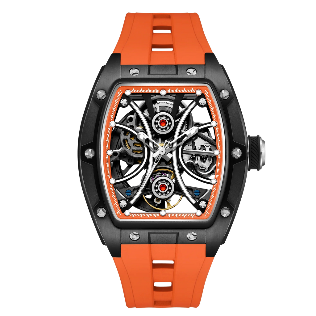Luxury skeleton watch with black tonneau case, visible gears, and orange rubber strap