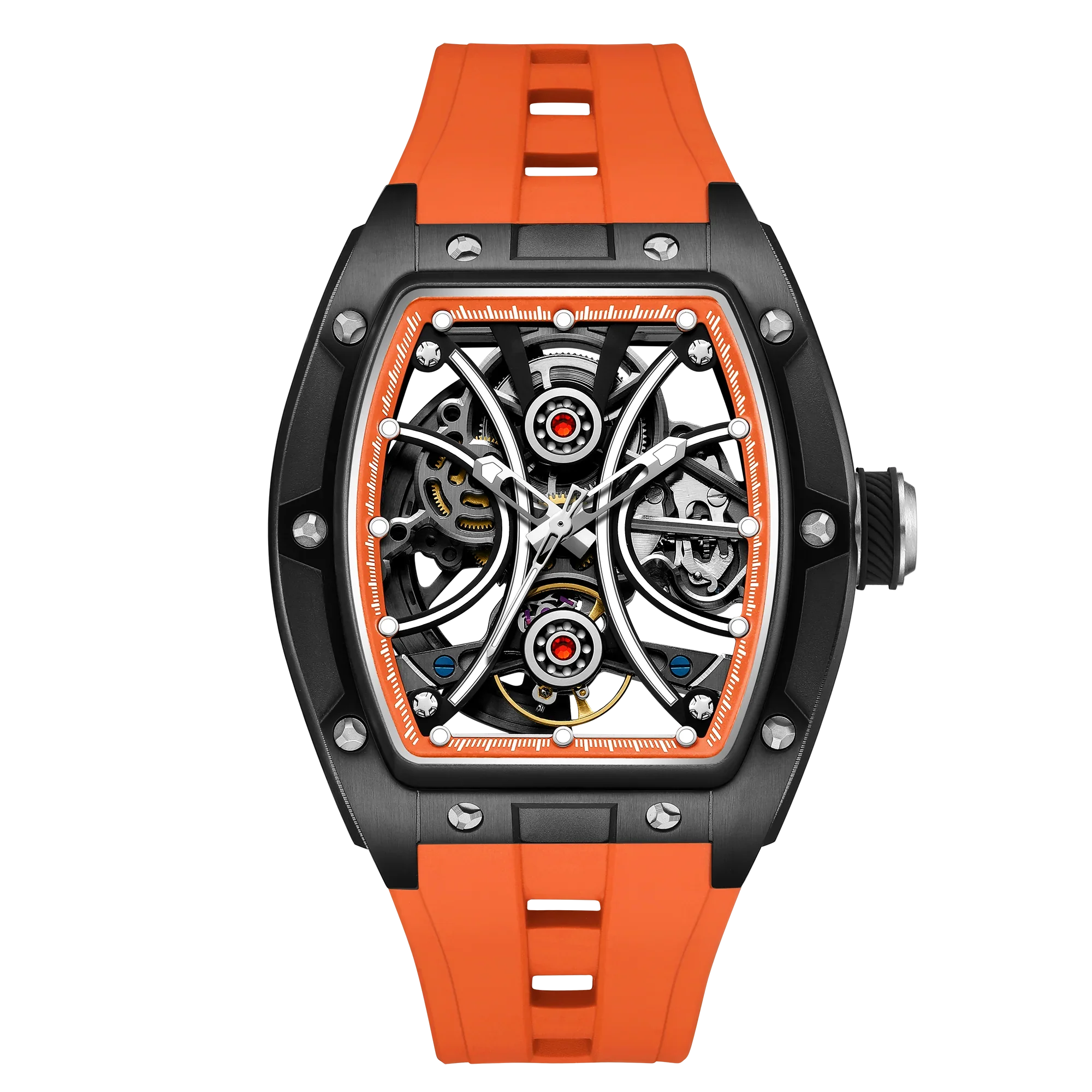 Luxury skeleton watch with black tonneau case, visible gears, and orange rubber strap