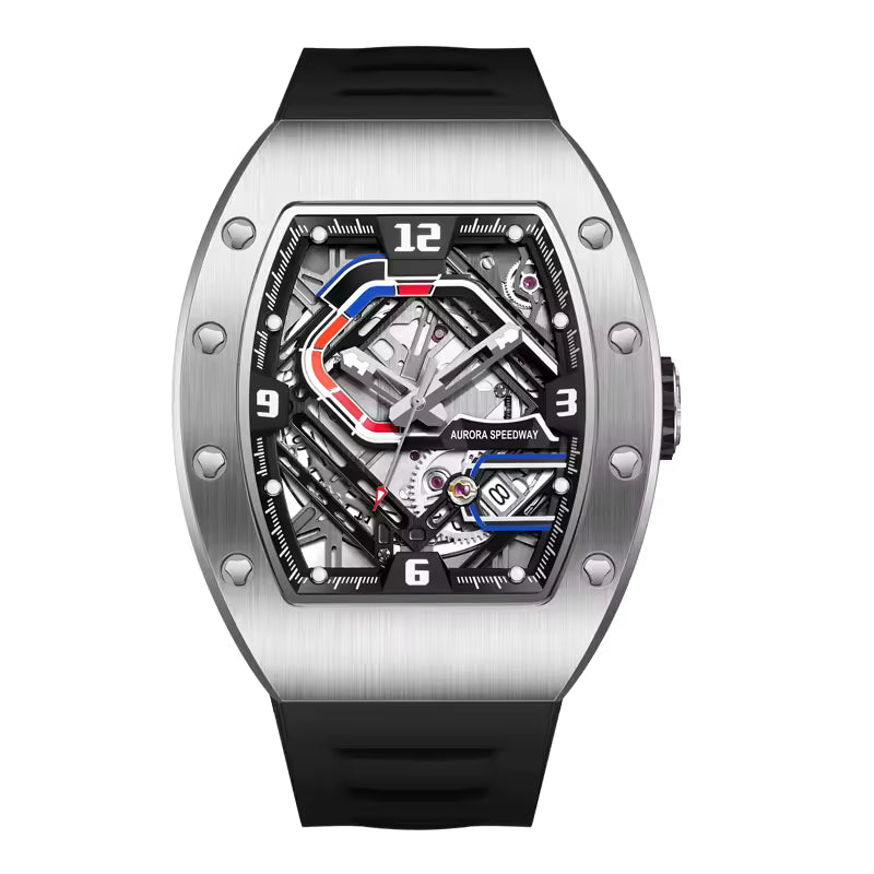 Motorsport-inspired skeleton luxury watch with tonneau case, black strap, and bold dial accents