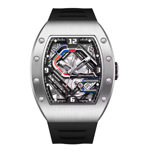 Motorsport-inspired skeleton luxury watch with tonneau case, black strap, and bold dial accents