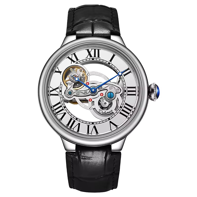 Skeleton dial sport-luxury watch with Roman numerals, silver case, and black leather strap