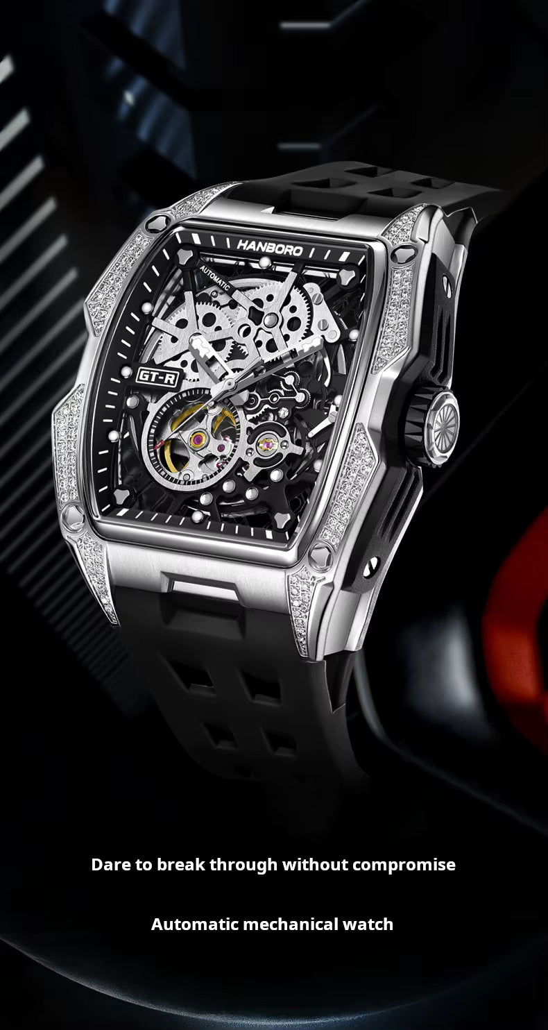 Motorsport-inspired automatic mechanical watch with exposed skeleton dial, diamond accents, and black rubber strap.