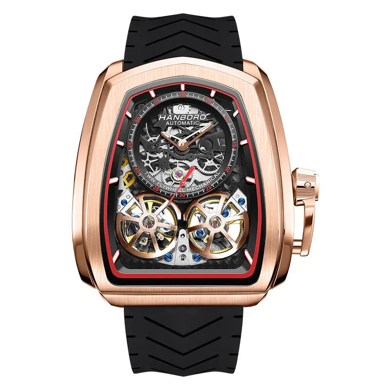 Luxury skeleton watch with rose gold case, black dial, exposed gears, and sporty black strap