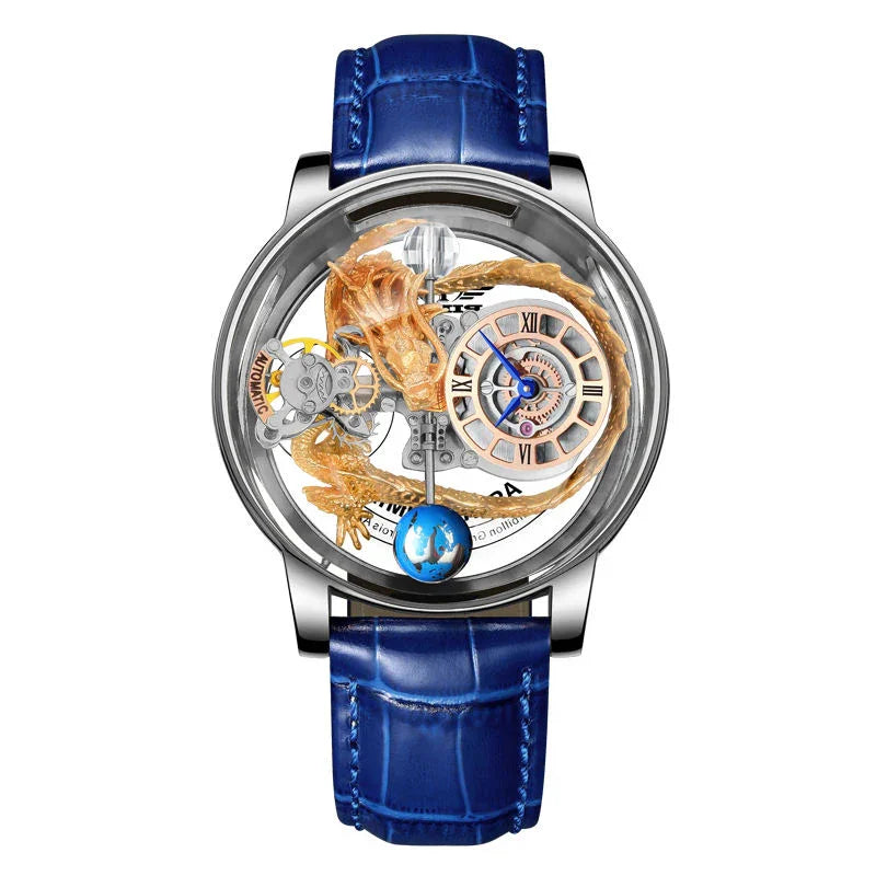 Luxury skeleton watch with golden dragon detail, blue leather strap, racing-inspired design