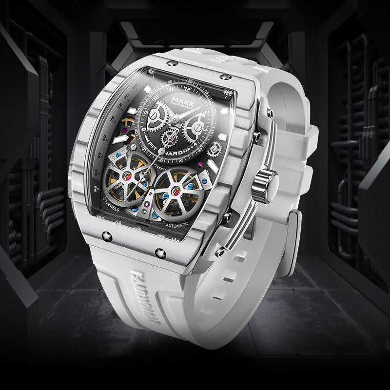 Luxury sport-inspired skeleton automatic watch with bold case and white strap, futuristic background