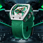 Luxury motorsport-inspired green chronograph watch with bold geometric dial and green strap