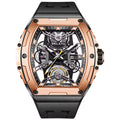 Motorsport-inspired luxury watch with skeleton dial, rose gold case, and rubber strap