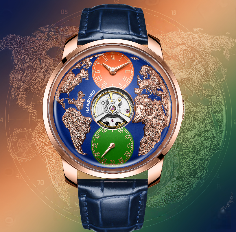 Luxury sport-inspired watch with world map design, open-heart dial, and blue leather strap