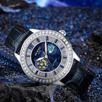 Automatic luxury watch with celestial blue dial, planet motif, and crystal accents on black leather strap