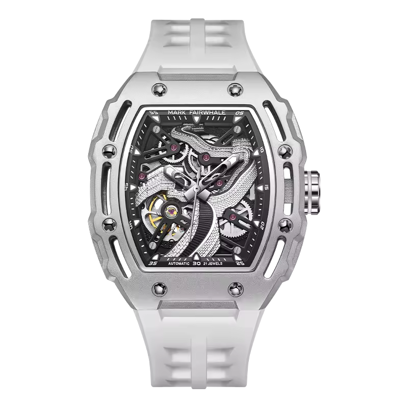 Luxury motorsport-inspired skeleton watch with white strap and exposed gears, sport-luxury style