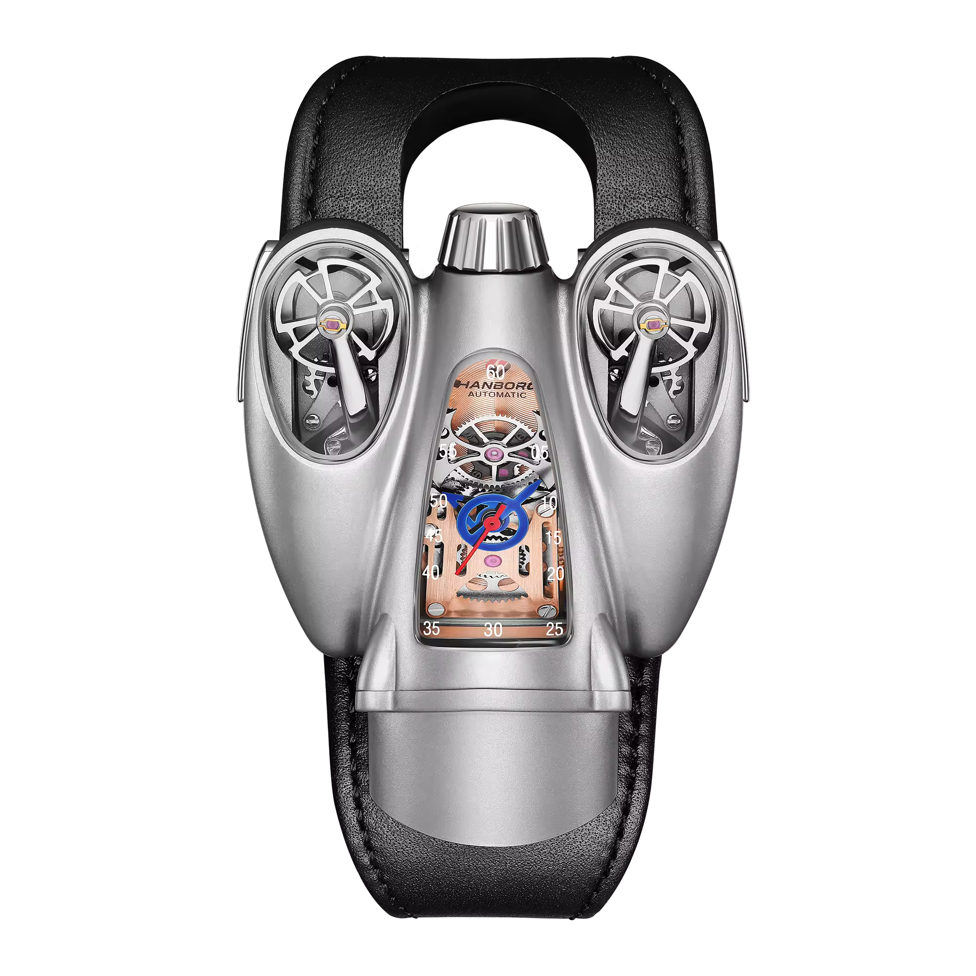 Motorsport-inspired luxury watch with unique cockpit design, visible gears, and bold detailing