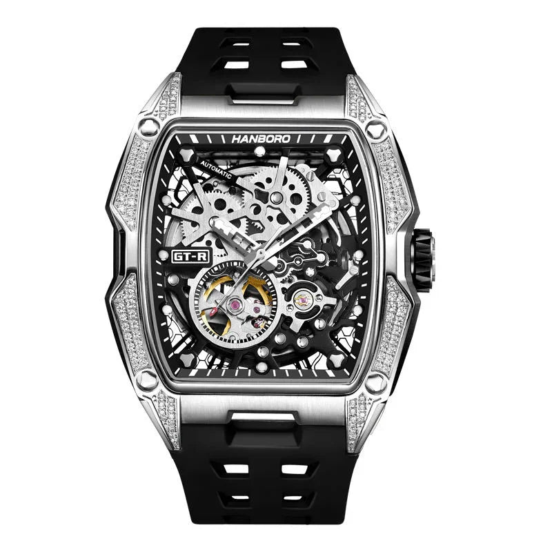 Luxury motorsport-inspired skeleton watch with tonneau case, diamond accents, and black strap