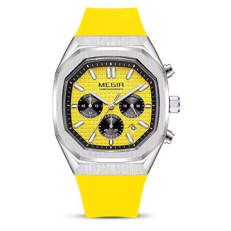 Luxury racing-inspired chronograph watch with yellow strap, textured yellow dial, and silver case.