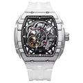 Skeleton dial automatic watch with stainless steel case, transparent strap, motorsport-inspired design