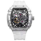 Skeleton dial automatic watch with stainless steel case, transparent strap, motorsport-inspired design