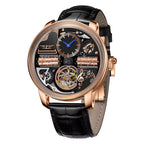 Luxury sport-style homage watch with skeleton dial, rose gold case, and black leather strap