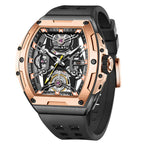 Luxury skeleton dial watch with rose gold case, black rubber strap, motorsport-inspired design