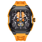 Motorsport-inspired orange and black skeleton watch with bold case and sporty dial design