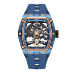 Blue tonneau-shaped skeleton luxury watch with exposed gears, motorsport-inspired design
