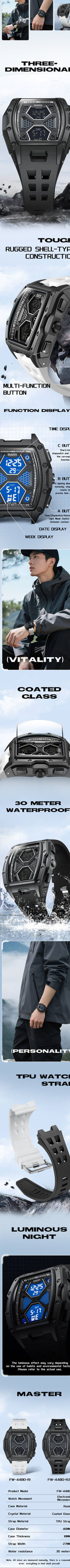 Motorsport-inspired sport luxury wristwatch with bold case, blue dial, chronograph features, and waterproof design.