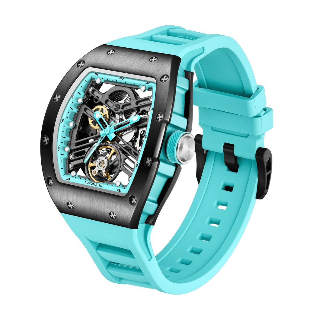Sport-luxury watch with turquoise strap, skeleton dial, and black carbon fiber case