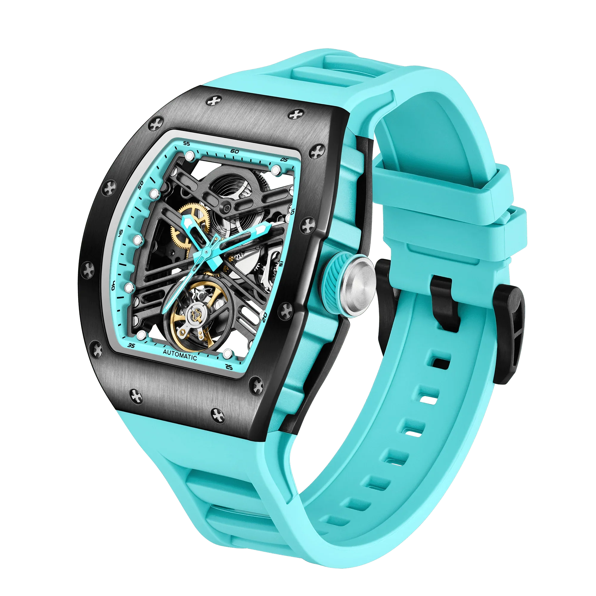 Sport-luxury watch with turquoise strap, skeleton dial, and black carbon fiber case